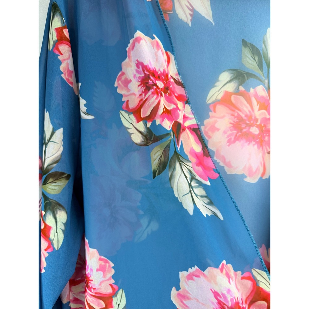 Womens Floral Kimono Blue Pink Lightweight Sheer Open Front Cardigan XXXL Beachy - Picture 4 of 8